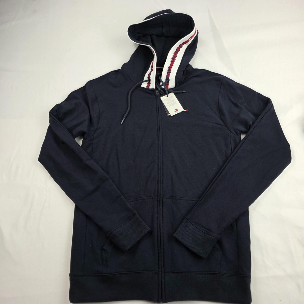 Tommy Hilfiger Hoodie Mens Small Navy Blue Full Zip Flag Logo Jersey Sweatshirt